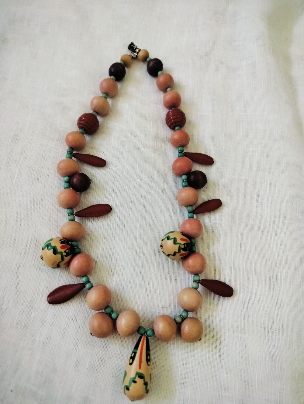 Artisan Boho Wood Beaded Necklace with Hand-Painted Pendant